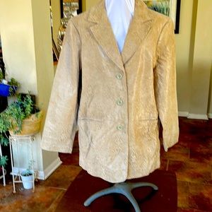 Suede leather 100%, patterned blazer, tan